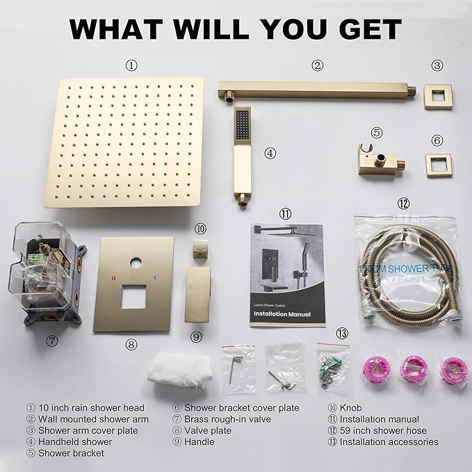Shower Faucet Set, Shower System with 10 Inch Rain Showerhead and Handheld Shower, Wall Mounted High-Pressure Showerhead Combo Set Included Valve and Trim, Brushed Gold