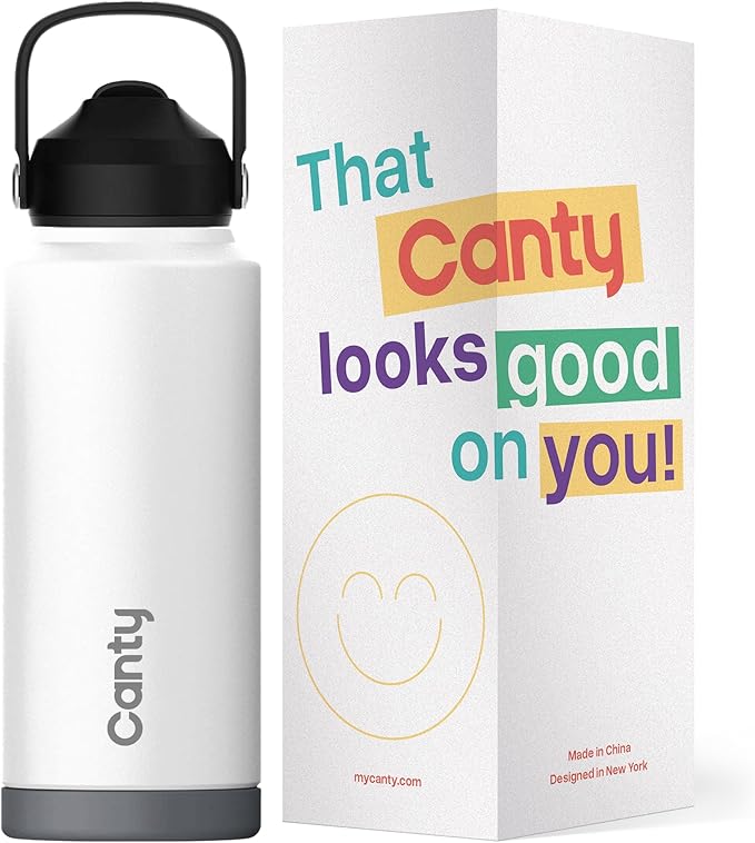Canty Stainless Steel Water Bottle with Straw, Anti-Slip Base and Giftable Full Colored Box, Great for Travel (Pearl White, 32 Oz)