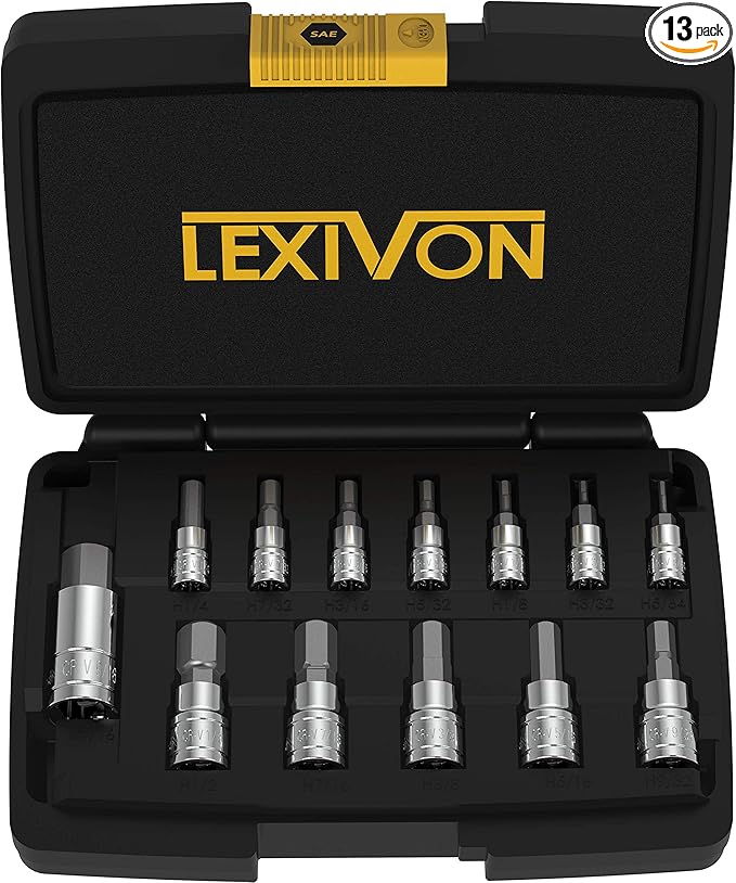 LEXIVON HEX Bit Socket Set, Premium S2 Alloy Steel | 13-Piece SAE 5/64" - 9/16" Set | Enhanced Storage Case (LX-142)