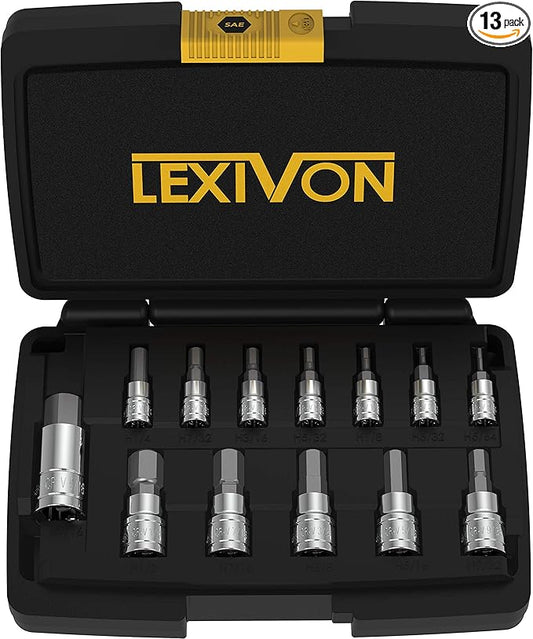 LEXIVON HEX Bit Socket Set, Premium S2 Alloy Steel | 13-Piece SAE 5/64" - 9/16" Set | Enhanced Storage Case (LX-142)