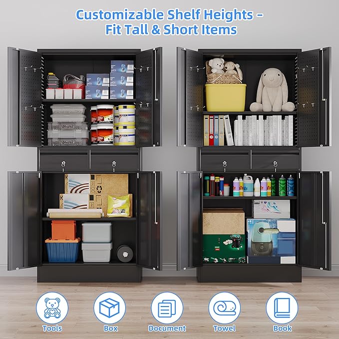 Metal Garage Storage Cabinet with Pegboards and Hooks,MetalTool Storage Cabinet with 2 Drawer and 2 Adjustable Shelves for Garage,Warehouse,Home,Office,School,Requires Installation,Black