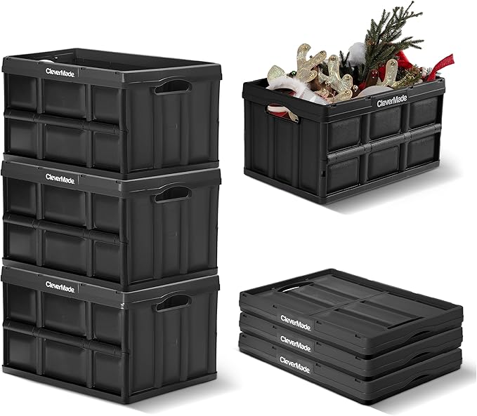 CleverMade Collapsible Storage Bins - Obsidian 3 Pack 46L - Stackable Containers Heavy Duty Capacity Folding Crates - Space-Saving for Home