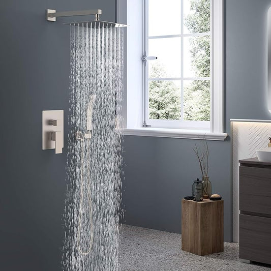SunCleanse Shower System Rainfall Shower Faucets Set Brushed Nickel, 8 Inch Wall Mounted Rain Shower Head with Handheld Spray Shower Valve and Trim Included