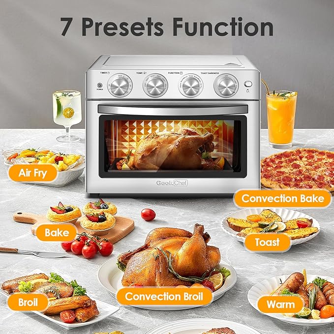 Geek Chef 25 QT Extra Large Air Fryer, Convection Toaster Oven with 6 Slice Toast, Bake, Roast, Pizza, Stainless Steel