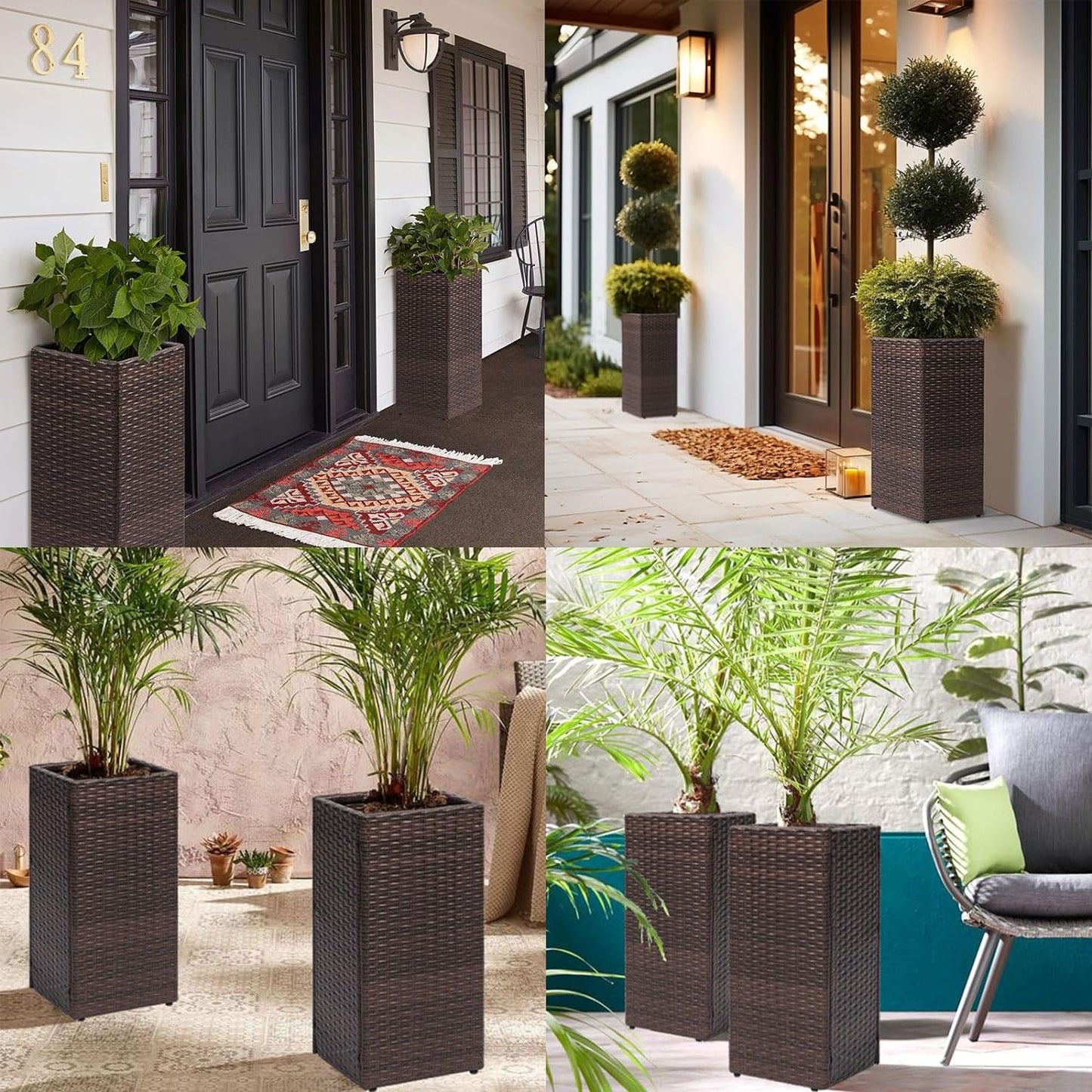 LEWIS&WAYNE Set of 2 Tall Planters for Outdoor Plants Handmade 24'' Wicker Tall Square Planter Box with Removable Liners Modern Planter for Indoor Outdoor Garden Patio Front Porch - Brown