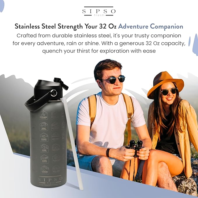 National Parks water bottle with Stickers: Unique 32 oz bottle | Double wall Stainless Steel water bottle | Leak Proof- laser Engraved water Bottle with National Park stickers (Gray)