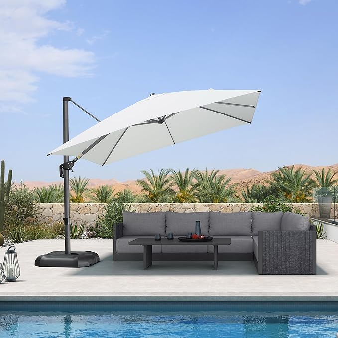 PURPLE LEAF 10 Feet Patio Umbrella Outdoor Cantilever Square Umbrella Aluminum Offset Umbrella with 360-degree Rotation for Garden Deck Pool Patio, White