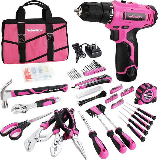 ValueMax Home Tool Kit with Drill, 233-Pieces Pink Tool Set with 12V Cordless Lithium-ion Drill, Power Tool Set with Wide Mouth Open Storage Bag, Basic Drill Sets Combo Kit for DIY and Daily Repair