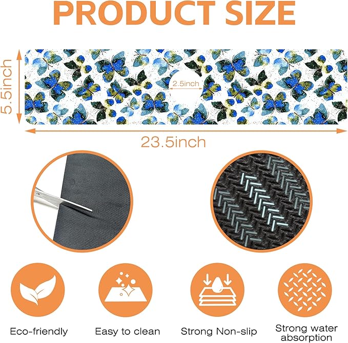 Kitchen Faucet Mat Colorful Butterfly Animals Kitchen Sink Splash Guard Faucet Mat,1 PC Splash Guard Behind Faucet Drip Catcher for Kitchen,Dish Drying Mat,Bathroom Faucet Mat 23.5""X5.5""