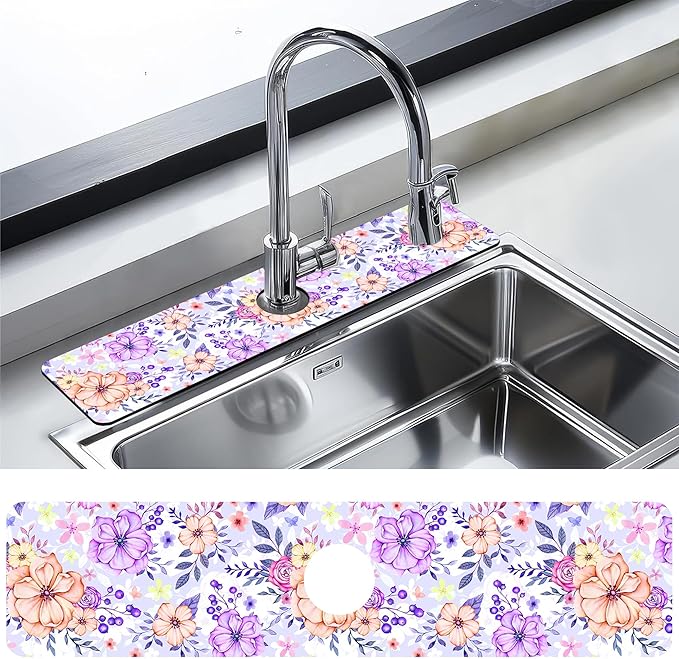 Kitchen Sink Splash Guard Faucet Mat Beautiful Meadow Flowers Sink Splash Guard Behind Faucet,1 PC Soft Diatom Mud Non-Slip Mat-for Kitchen,Dish Drying Mat,Bathroom Faucet Mat 23.5""X5.5""