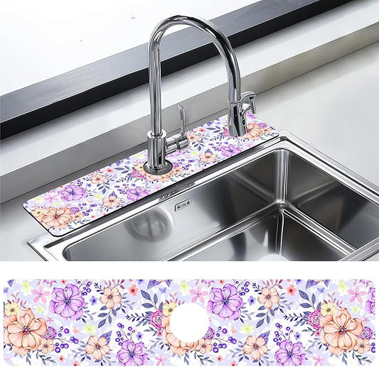 Kitchen Sink Splash Guard Faucet Mat Beautiful Meadow Flowers Sink Splash Guard Behind Faucet,1 PC Soft Diatom Mud Non-Slip Mat-for Kitchen,Dish Drying Mat,Bathroom Faucet Mat 23.5""X5.5""