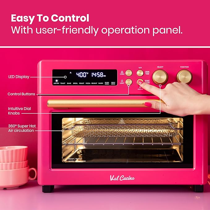 VAL CUCINA Limited Edition Happy Pink Infrared Heating Air Fryer Toaster Oven, Extra Large Countertop Convection Oven 10-in-1 Combo, 6-Slice Toast, Enamel Baking Pan Easy Clean with Recipe Book