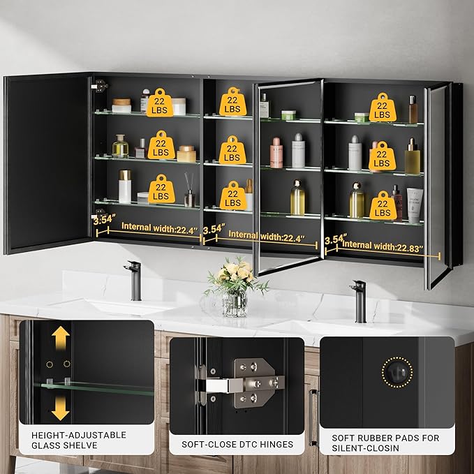 72x30 Matte Black Medicine Cabinet with Beveled Mirror, Surface or Recessed Bathroom Medicine Cabinet Mirror with Adjustable Shelves & 3 Door, Shatterproof Full-Assembled Storage Wall Cabinet