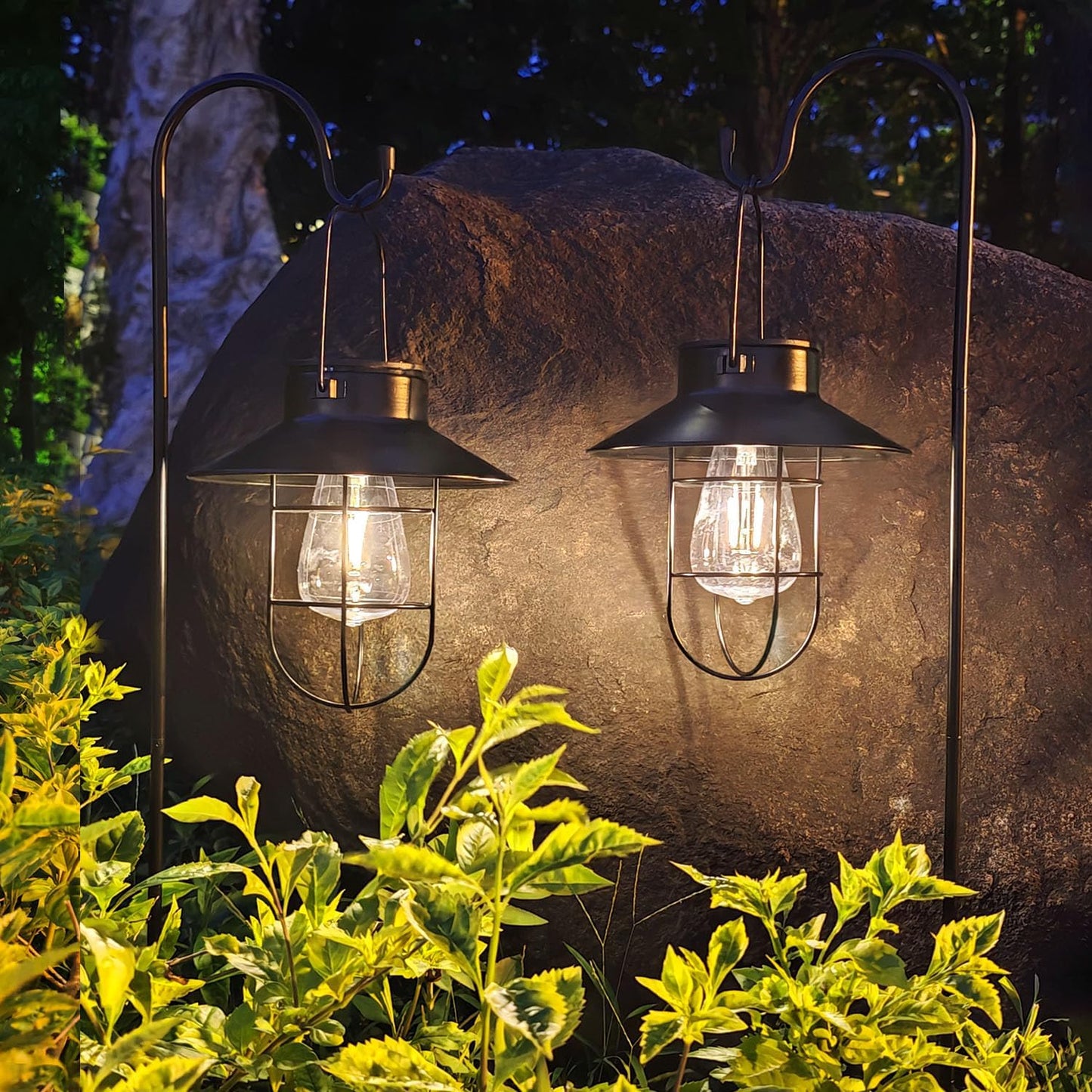Solar Lantern 2pack Outdoor Hanging Light- Waterproof Vintage Metal Light with Shepherd Hook Decorative for Patio, Backyard, Porch, Yard (Black)