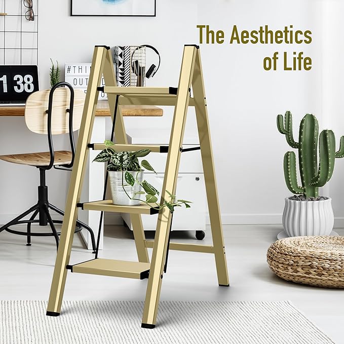 4 Step Ladder,Aluminum Folding Step Ladder for Adults,Step Ladder with Wide Anti-Slip Pedal,330 lbs Capacity for Home,Office,Kitchen,Library(Gold)