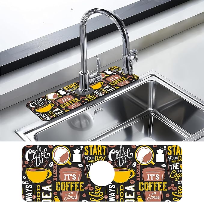 Kitchen Faucet Mat Coffee Poster Kitchen Sink Splash Guard Faucet Mat,1 PC Splash Guard Behind Faucet Drip Catcher for Kitchen,Sink Mat,Dish Drying Mat,Bathroom Faucet Mat 15.5""X5.5""
