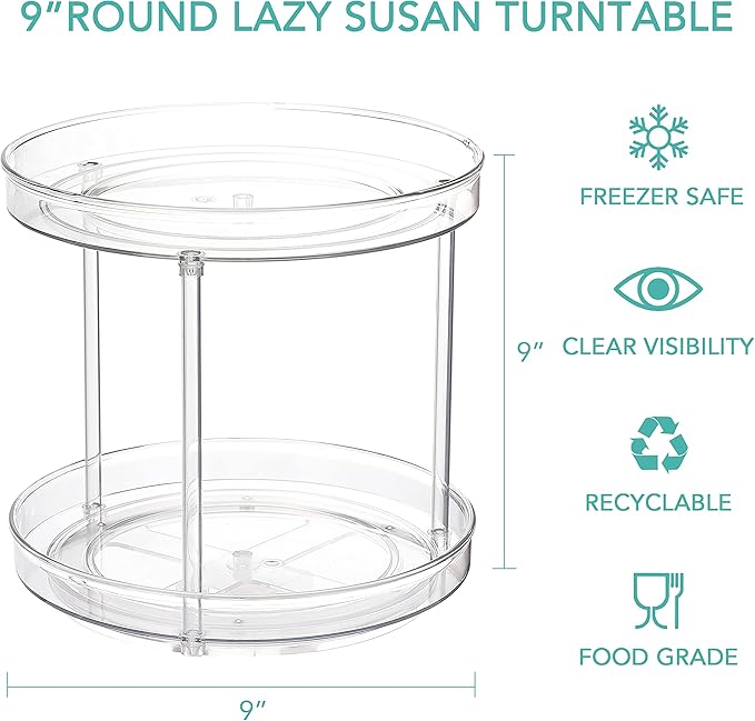 URALFA 2 Tier Lazy Susan Turntable, 9 Inch Clear Tiered Lazy Susan Organizer, 360 Rotating Spinner Organizer for Kitchen, Pantry, Counter, Sink