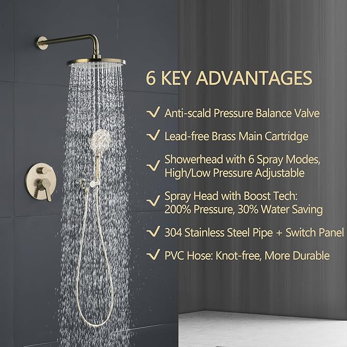 Brushed Gold Shower Faucet Set, Wall Mount Rain Shower System 10 Inches Shower Head and Shower Handheld, Included Pressure Balance Valve and Trim Kit