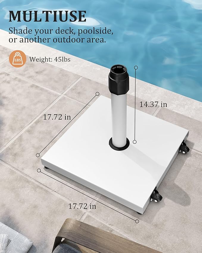 42lbs Patio Umbrella Base - Heavy Duty Outdoor Patio Market Umbrella Stand for Deck with Rollers, Poolside, Balcony, Wind-Resistant Design, White
