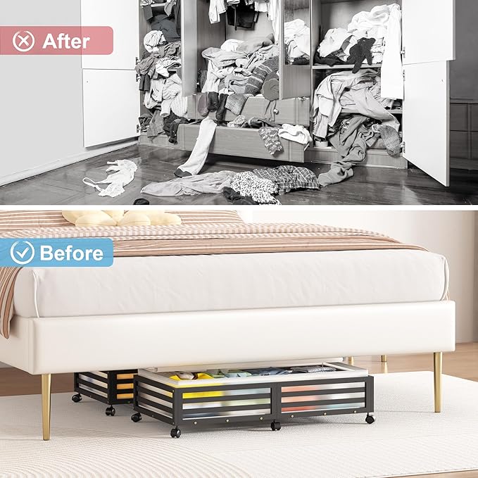 Under Bed Storage Containers With Wheels - 2 Pcs Large Bamboo Wood Rolling Underbed Shoe Storage Bins With Dust Bags for Clothes Blankets, Duvet Covers Snacks Toys (Black)