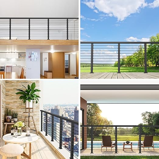 4-12ft Complete Set 36" Cable Railing Post Kits, Stainless Steel Black Level Drilled Line Posts(35"x2"x2")2 Pack, 1/8" Wire Rope with Cutter(No Handrail), Swageless Deck Cable Railing, MY07-LP