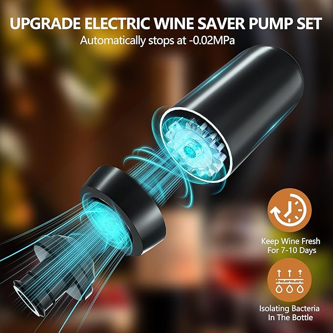 Electric Wine Saver Pump with 4 Reusable Vacuum Wine Stoppers, Rechargeable Automatic Wine Bottle Sealer for Keeps Wine Fresh, Gifts for the Elderly and Arthritis Sufferers