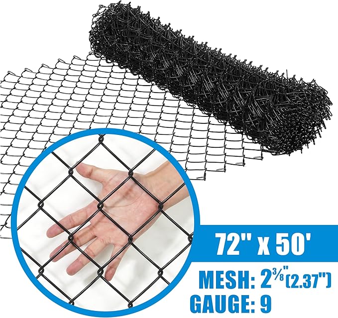 Fencer Wire 9 Gauge Black Vinyl Coated Galvanized Steel Chain Link Fence Fabric, Diamond Mesh Size 2-3/8 Inch, Galvanized Fencing Wire Roll for Garden and Animals Enclosure (6ft. x 50ft.)