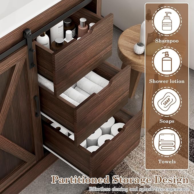 36 Inch Bathroom Vanity with Sink & Faucet & Mirror, Farmhouse Bathroom Vanity Cabinet Set with Sliding Barn Door & Drawers, Small Single Bath Storage Vanity Sink, Brown