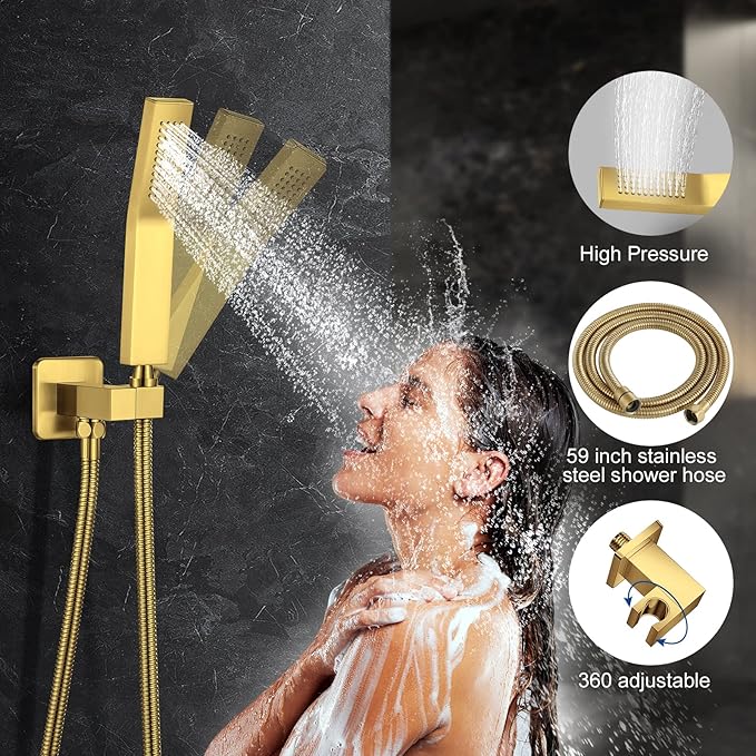 JOMEOO® 12 Inch Brushed Gold Shower System, Wall Mounted High Pressure Rain Shower Head with Handheld Sprayer, Bathroom Luxury Gold Shower Head Shower Faucet Set Rough in Valve Body and Trim