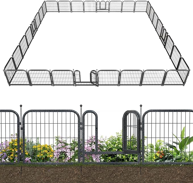 Metal Garden Fence with 28 Panels 4 Gates Outdoor Dog Fence 72ft (L)×24in (H) Decorative Pet & Animal Barrier, Garden and Yard Fencing，Black-Silver