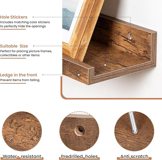 Fun Memories Picture Ledge Shelves Set of 2, 48 Inch Rustic Wall Mounted Floating Shelves with Lip for Home Storage and Décor in Bathroom, Kitchen, Nursery, Bedroom, Living Room, Brown