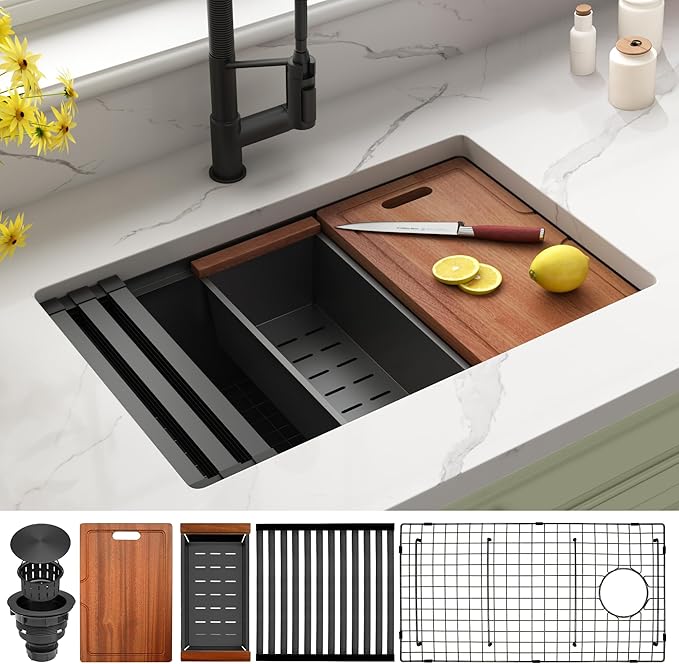 Black Undermount Kitchen Sink,16 Gauge Stainless Steel Sinks,Single Bowl Workstation Sink,Modern Kitchen Sink Offset Drain (28" X 18")