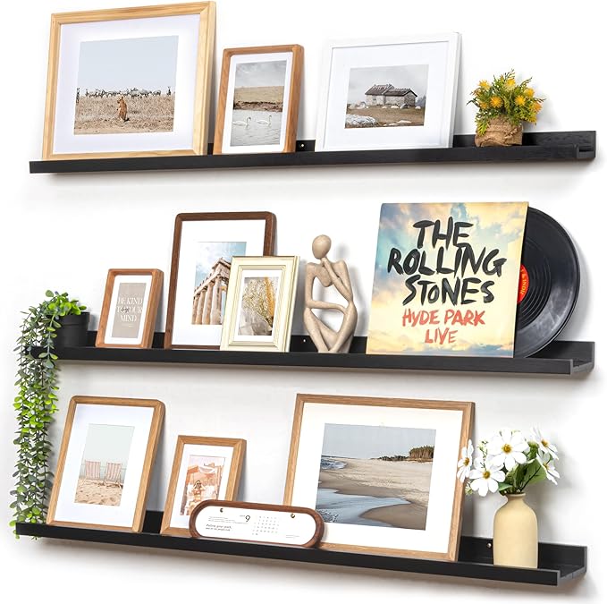 Picture Ledge Wall Shelves 48 inches Width Set of 3, Solid Pine Wood Rustic Floating Ledge Shelves for Wall for Kids' Room Bedroom Kitchen Bathroom Long Floating Shelves for Wall Decor, Black