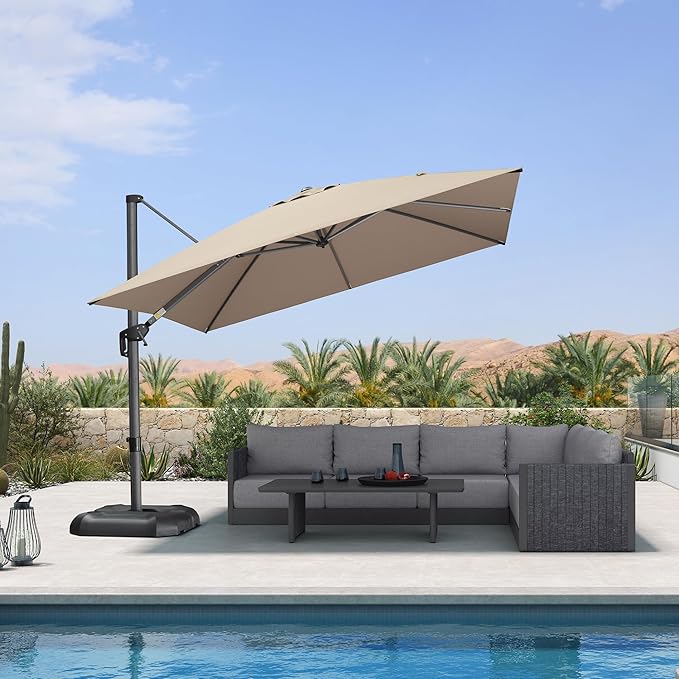 PURPLE LEAF 10 Feet Patio Umbrella Outdoor Cantilever Square Umbrella Aluminum Offset Umbrella with 360-degree Rotation for Garden Deck Pool Patio Taupe