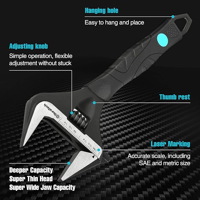 DURATECH 10-Inch Adjustable Wrench, Wide Jaw Opening Black Oxide Finish Plumbing Wrench, CR-V Steel, SAE and Metric Scale Marked, Ergonomic Grip