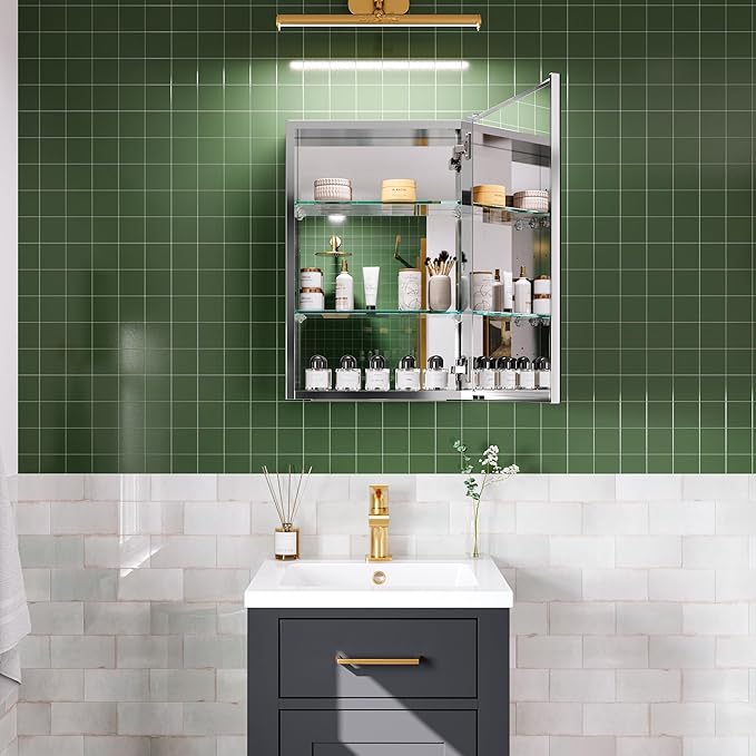 16’’×24’’ Bathroom Mirror Cabinet Soft-Close Medicine Cabinet with Mirror Door, Adjustable Shelves, Recessed/Surface Mount, Blum Hinge, Right Swing