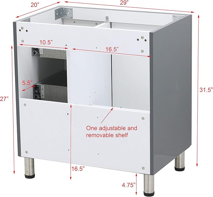 30" Freestanding Bathroom Vanity, High Gloss Dark Grey. White Integrated Countertop