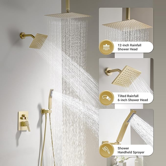 Dasan Brushed Gold Dual Shower Heads System with Ceiling 12-Inch Rainfall Shower & Wall Mount 6-Inch High Pressure Shower Head, Full Body Dual Shower Head Set