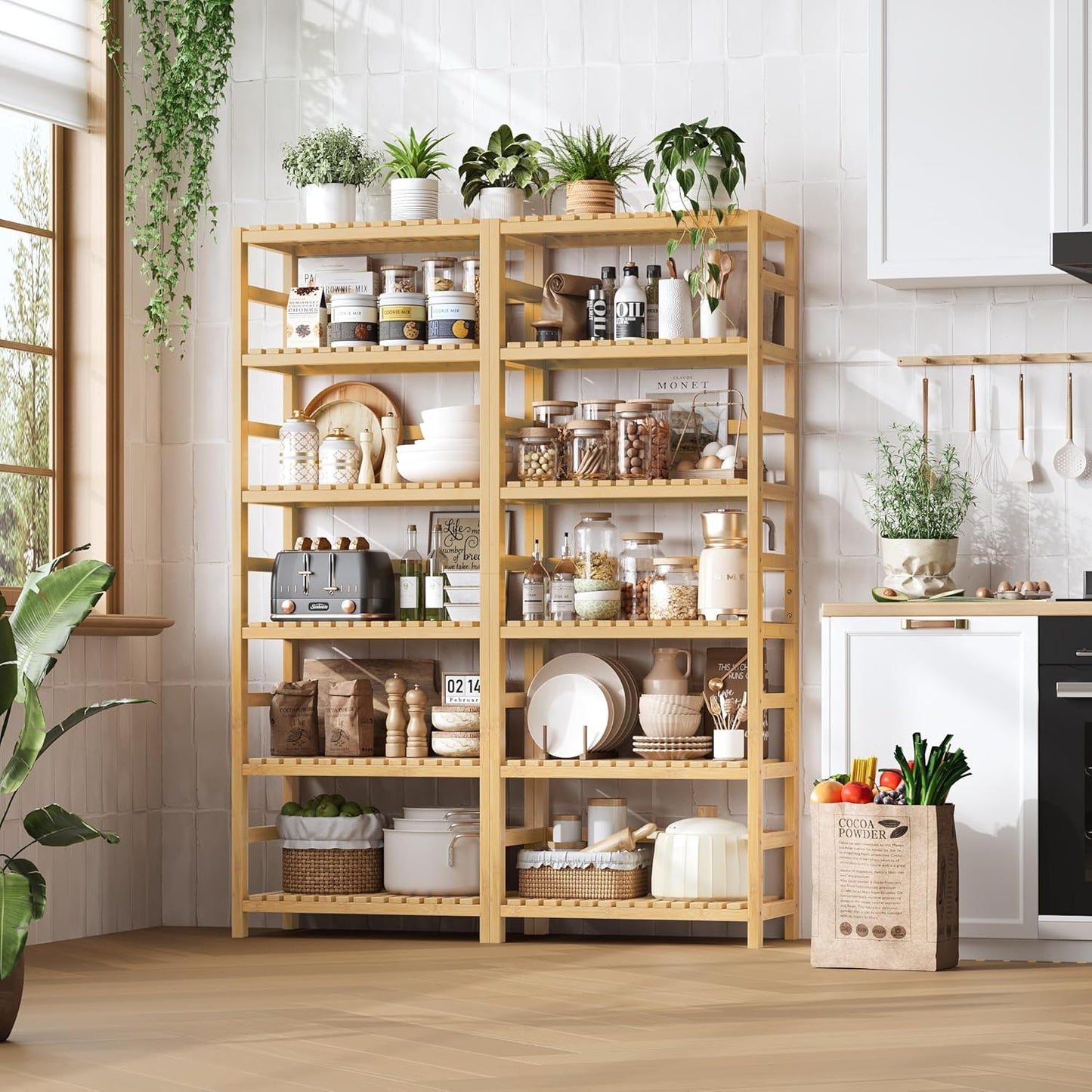 FOTOSOK 6-Tier Bamboo Shelf Set of 2, Bamboo Bookcase with Adjustable Shelves, Free Standing Storage Shelf Unit and Plant Flower Stand, Tall Large Bookshelf for Kitchen, Bathroom, Home Office, Natural
