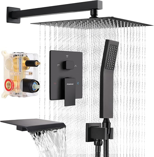 10 Inch Rainfall Shower System with Tub Spout Wall Mounted Complete Combo with Solid Brass Pressure Balancing Valve, High Pressure Shower Head, Handle Set & Installation Accessories Matte Black
