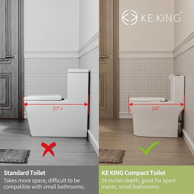 24'' Depth Compact One Piece Toilet, Quiet Dual & Powerful Flush Small Toilet for Small Bathroom, Space Saving Toilet with Soft Close Seat, 12'' Rough-in