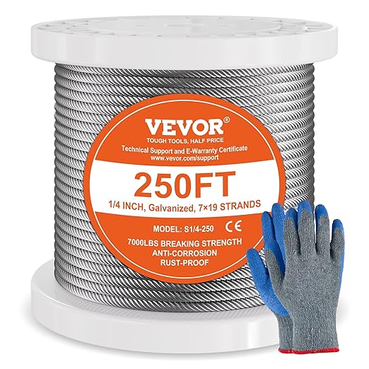 VEVOR Wire Rope, 1/4" 250 ft Zinc Galvanized Carbon Steel Cable with Gloves, 7000 lbs Breaking Strength, 7 x 19 Strands Construction Marine Aircraft Grade for Handrail Stair Decking Fence Outdoors
