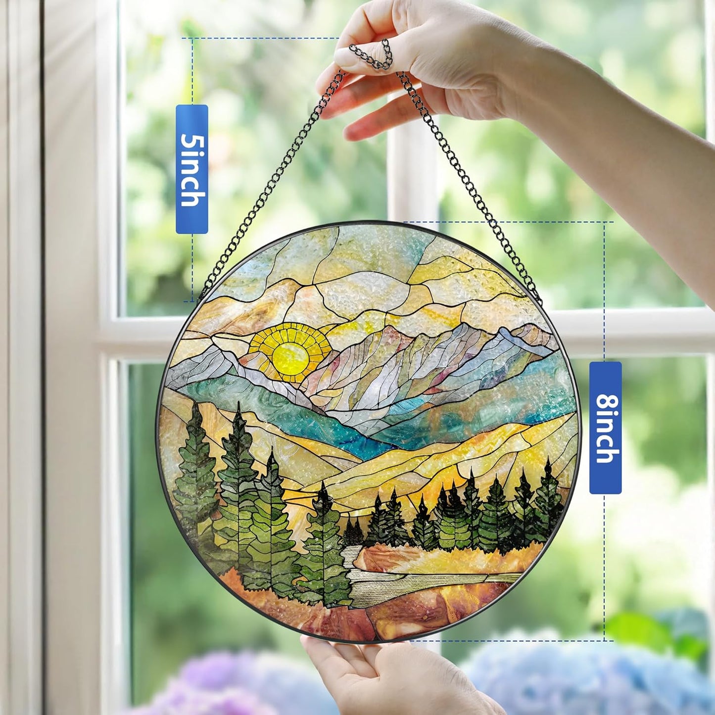 Stained Glass Window Hanging - 8 Inch Mountain Range Suncatcher for Window Doors Home Decoration, Valentine's Day Mother's Day Christmas Birthday Gifts for Women, Men, and Mom Grandma