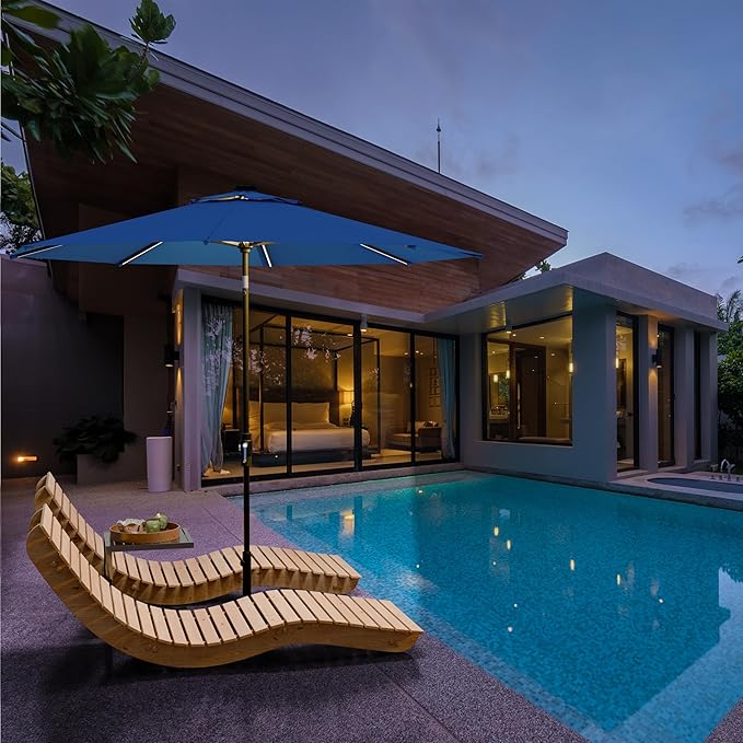 Midtown Umbrellas The LED Swilt 10 Feet Patio Umbrella With Sunbrella Dark Blue Acrylic Fabric - Auto-Tilt Aluminum Frame With LED Lights For Backyard, Deck, Garden, Pool - Black Pole