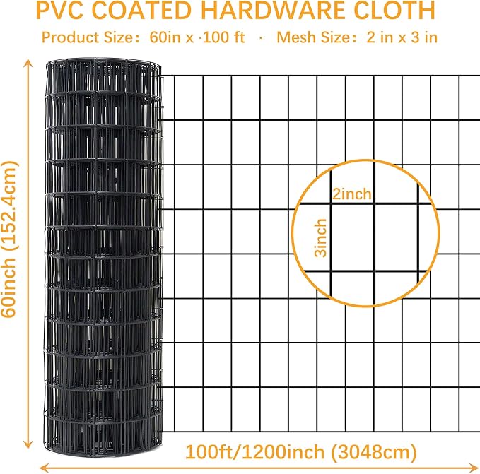 Black Metal Garden Fence, 60inch(H) x 100ft(L), 2 inch x 3 inch,14GA 2/3/4/5/6 Ft Tall Chicken Wire PVC Coated Welded Wire Mesh Roll for Dogs Border Yard Vegetable Plant Protection Poultry Netting