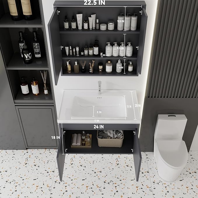 32'' Bathroom Vanity with Ceramic Sink Combo and Medicine Cabinet Mirror with Led Light/Defog, Wall Mounted Small Bathroom Vanity with Soft-Close Door Modern Floating Cabinet, Gray(No Faucet)