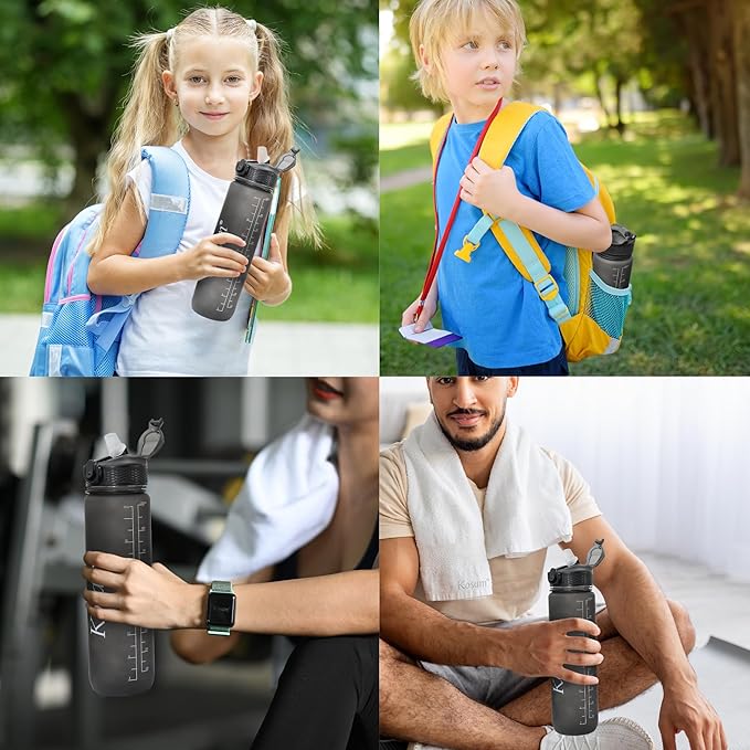 KOSAM Water Bottle 1L Sports Water Bottle with Motivational Time Marker & Straw, Dishwasher Safe Leak-proof Drink Bottle BPA Free Non-Toxic Tritan Material 1 Click Open for Running Gym
