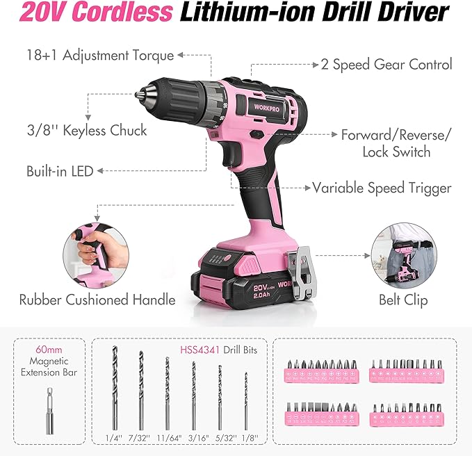 WORKPRO Pink Household Tool Kit with Drill, 157PCS Tool Set with 20V Cordless Lithium-ion Drill Driver, Home Tool Kit for All Purpose, Power Drill Sets with Pink Tool Bag - Pink Ribbon