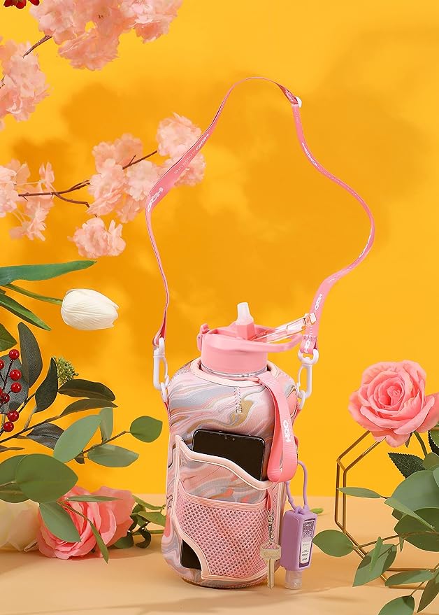 H2O Capsule 2.2L Half Gallon Water Bottle with Storage Sleeve and Removable Straw – BPA Free Large Reusable Drink Container with Handle - Big Sports Jug, 2.2 Liter (74 Ounce), Pink Marble