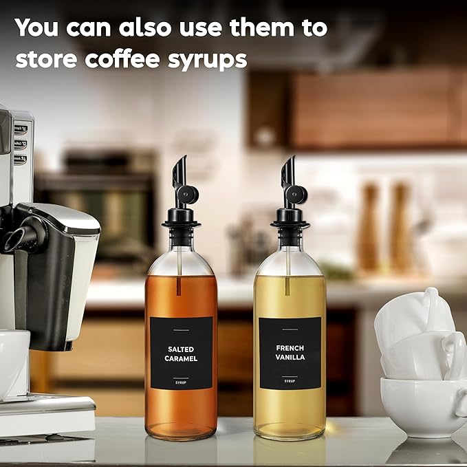 Olive Oil Dispenser Bottle - Includes 55 Kitchen Essential Labels - Cooking Oil Bottles for Kitchen, Coffee Syrup Dispenser - Pourer Spout with 16.9 fl oz Glass Container Cruet - 2pcs, Black